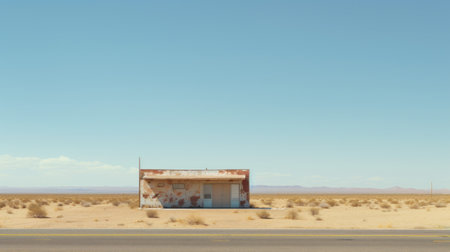 an isolated structure in the middle of the desert, captured in a realistic depiction of everyday life. the deceptively simple composition showcases snapshots of america, with a post-painterly style. this high-resolution image, with dimensions of 3840x2160, embodies the essence of simple minimalism, reminiscent of the windows vista aesthetic. ai generatedの素材