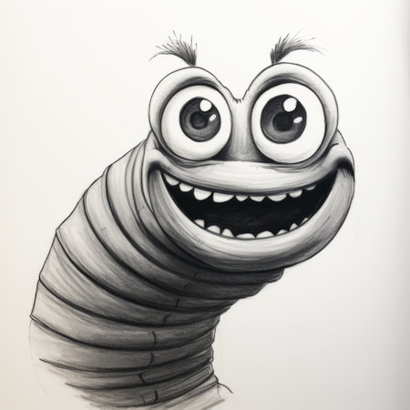a worm character, created using gray and yellow pencils, is depicted in a lively and expressive manner. the drawing style resembles monochromatic ink wash, with playful use of texture. the character's facial expressions are full of life and energy. this artwork was captured using the sigma 85mm f1.4 dg hsm art lens and is reminiscent of disney animation. it can be found on sketchfab, surroundedの素材