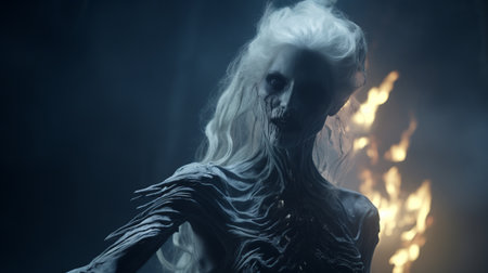 an old woman stands in the dark, surrounded by flickering fire. this ethereal photo, rendered in cinema4d, captures frozen movement and evokes a lovecraftian atmosphere. the close-up shot showcases the woman's weathered face, while the overall composition resembles a captivating national geographic photo. ai generatedの素材