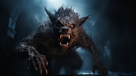 a werewolf, depicted in a hunger-driven walk, is the subject of this wallpaper. rendered in the style of cinema4d, the image showcases the intricate details of the creature. the use of the zeiss batis 18mm f2.8 lens adds depth to the composition. the burned and charred appearance, created by nicolas mignard, adds a touch of grotesque to the overall aesthetic. softbox lighting enhances the layeredの素材