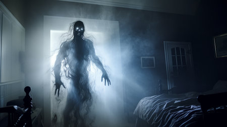 a ghost from a horror movie, captured in a chilling and realistic depiction of a human form. this haunting image, reminiscent of lens flares and soft mist, is like a scene from a national geographic photo. with its 8k 3d quality, this associated press photo brings the best home haunted house ideas to life, complete with chilling creatures. ai generatedの素材