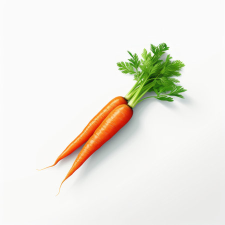a pair of carrots, rendered in a realistic and detailed style, are showcased on a white background. this ad poster features a li-core technique, capturing the realistic portrayal of light and shadow. the composition is characterized by a graceful balance, with smooth and curved lines adding to the overall aesthetic. ai generatedの素材