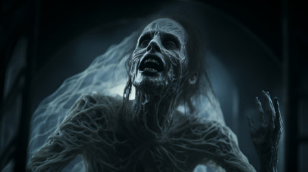 a zombie-like creature is depicted in this ethereal composition, surrounded by tangled nests. the dark sky-blue and light white colors create a supernatural ambiance. the realistic depiction of light and ambient occlusion adds depth to the image, resembling a movie still. this artwork showcases a unique blend of supernatural realism. ai generatedの素材