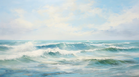 a mesmerizing painting by andrzej sykut capturing the powerful crash of ocean waves. this artwork showcases a soft-focused realism style with a beautiful blend of light sky-blue and green hues. created using traditional oil-painting techniques, the scene is tightly composed and filled with radiant light, evoking a sense of tranquility and awe. the high-resolution image measures 3840x2160, allowing for a detailed viewing experience. ai generatedの素材