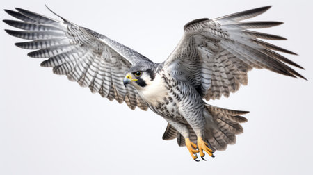 a falcon in intense movement expression, with wings extending, is captured in this vibrant photograph. the falcon is showcased against a white background, enhancing its light yellow and gray colors. the large format lens and digital enhancements bring out the clear edge definition, resulting in a high-energy imagery that is both captivating and dynamic. ai generatedの素材