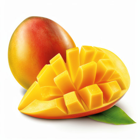 a mango fruit vector clipart image 0, featuring a realistic landscape style with soft edges. the image showcases accurate and detailed elements, with sharp perspective angles. it is highly detailed, displaying vibrant emerald and amber tones. the split toning technique adds depth and dimension to the 3d illustration. ai generatedの素材