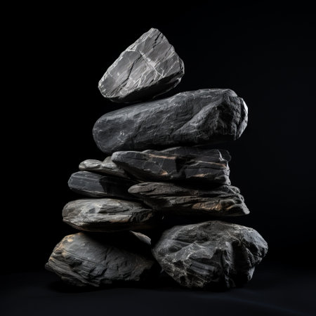 stacked rocks against a black background, resembling a 3d model, showcase the artistic style of pierre pellegrini. these humanist compositions, reminiscent of national geographic photos, carry powerful symbolism and draw inspiration from occultism. the influence of willem claesz heda is evident in the grayscale and black tones, creating a captivating visual experience. ai generatedの素材