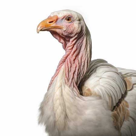a turkey with a pink skin is captured in this contemporary realist portrait photograph. the lighting, a combination of white and amber, enhances the details of the turkey's features. the image, created using zbrush, showcases a white background that beautifully contrasts with the turkey's vibrant colors. this high-resolution, 20-megapixel photograph pays homage to barthel bruyn the elder's style. ai generatedの素材