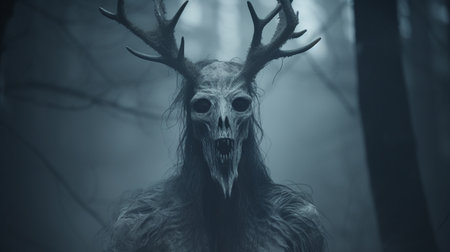 an eerie depiction of an angel of death, adorned with antlers, striding through a dense forest. this low-resolution image captures the essence of epic portraiture, showcasing ritualistic masks and intricate realist details. the haunting atmosphere is intensified by the presence of chilling creatures made of mist, creating a captivating voidcore aesthetic. ai generatedの素材