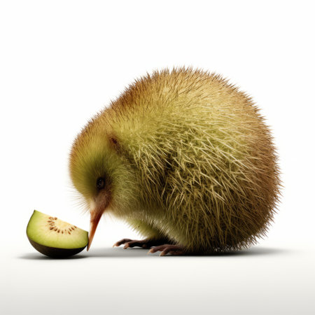 a kiwi bird is captured in a photograph, indulging in a slice of kiwi fruit. the image is reminiscent of the artistic styles of tyler shields and duckcore, showcasing natural simplicity. mandy disher's influence is evident, highlighting ethical concerns. the composition exudes a crisp and clean aesthetic, reminiscent of the work of anne geddes. ai generatedの素材