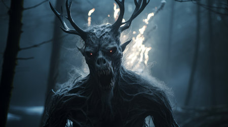 a dark forest demon is depicted in this hd wallpaper, created in a 3d rendering style using cinema4d. the image showcases dynamic and exaggerated facial expressions, capturing the essence of the demon's menacing presence. shot on 70mm by renowned photographers michael shainblum and daan roosegaarde, this wallpaper is a captivating piece of art. ai generatedの素材