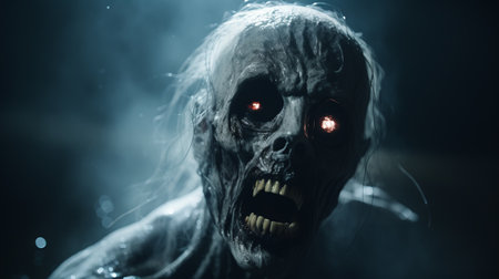 a horror game screenshot for youtube, rendered in cinema4d, featuring a strong facial expression. the image captures the essence of zombiecore and frostpunk, with a dark navy and light aquamarine color scheme. this captivating photo, taken with a nikon d750, brings the eerie atmosphere of the game to life. ai generatedの素材
