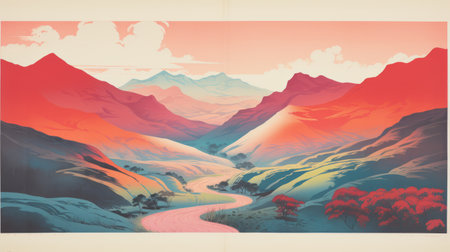 a magazine featuring a stunning 2d game art style photo of an australian landscape. the image showcases a majestic mountain against a vibrant sky in shades of red, orange, and blue. the vintage poster design adds a touch of nostalgia, while the light magenta and silver hues create a captivating atmosphere. the traditional british landscapes and flowing forms are beautifully depicted in this hyper-detailed illustration.の素材