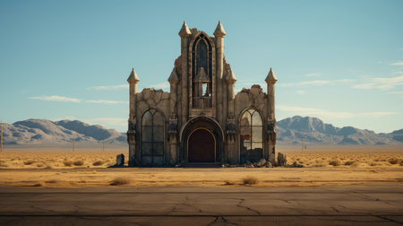 large abandoned church in a post-apocalyptic setting near mountains. this abandoned building, rendered in the style of octane render, showcases dark gold and sky-blue tones. with its classical symmetry and detailed miniatures, it captures the essence of new american color photography. the 8k resolution allows for a stunning level of detail in this captivating image. ai generatedの素材