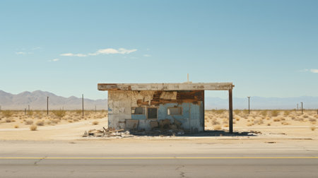 an abandoned gas station stands alone in the desert, with a majestic mountain in the background. this contemporary realist portrait photograph captures the scene in light cyan and beige tones, creating a sense of tranquility. the torn and distressed edges add a touch of nostalgia, while the deceptively simple composition draws attention to the photorealistic details. vibrant colors bring life to the street scenes, allの素材