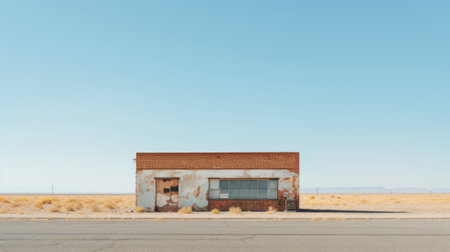 a small vintage-style building stands alone in the vast, uninhabited desert. the building's light turquoise and bronze colors add a touch of nostalgia to the scene. captured with a konica auto s3 camera, the realistic and emotive portraits showcase the beauty of decaying landscapes. this photograph, with its grocery art aesthetic, is presented in stunning 8k resolution. ai generatedの素材