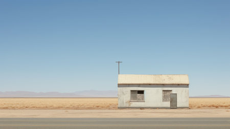 a small rustic desert building with windows, showcasing a muted and minimalist composition. the image captures the desolate landscape, combining elements of urban grittiness and a sense of deep distance. the building stands out in its simplicity, surrounded by the vastness of the desert. the color palette features light cyan and gold tones, adding a touch of warmth to the scene. ai generatedの素材