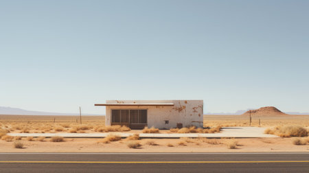 a small, isolated gas station in northern namibia is captured in this photorealistic rendering by ryan hewett. the minimalist nature studies and kintsugi-inspired aesthetics are evident in the distressed and weathered surfaces of the station. the soft and dreamy depiction adds to the overall ambiance of the image, which is presented in stunning 8k resolution. ai generatedの素材