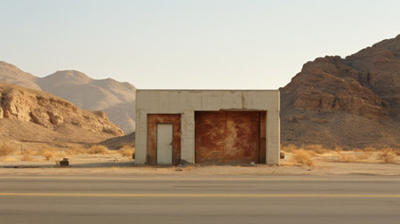 a desert road in oman captured in a minimalist still life style, showcasing the industrial brutalist aesthetic. this instagram photo by yoyo kimi features a mural painting on a deteriorated wall, with large-scale installations in earth tones. shot with a sony alpha a1 camera. ai generatedの素材