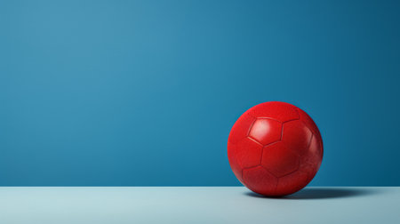 a soccer ball, made of rubber, is captured in a minimalist composition over a vibrant blue background. the image showcases the art of tonga with its sharp focus and playful still life arrangement. the red and crimson hues add a touch of vibrancy to this visually appealing photo. ai generatedの素材