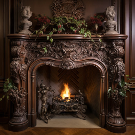 a decorative fireplace mantle in beige wood, featuring intense and dramatic lighting. the intricate woodwork is reminiscent of the style of arthur hughes, with a rich color palette inspired by rococo interiors. the crimson and brown hues add a touch of elegance to this uhd image. ai generatedの素材
