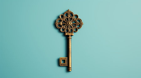golden keys, reminiscent of a bygone era, rest gracefully on a captivating blue backdrop in this image by reklamo. with an intricate storytelling style, these old keys, digitally enhanced, showcase eco-friendly craftsmanship. the dark bronze and aquamarine hues add a touch of elegance to this danish design, adorned with mesmerizing arabesque patterns. ai generatedの素材
