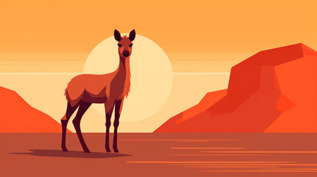 a fawn stands gracefully in the desert, with majestic mountains serving as a breathtaking backdrop. this superflat style image captivates with vibrant color gradients, showcasing lively coastal landscapes. the dark orange and amber hues add depth and warmth to the scene. with its 8k resolution, this kimoicore artwork transports you to fictional landscapes that are truly mesmerizing. ai generatedの素材