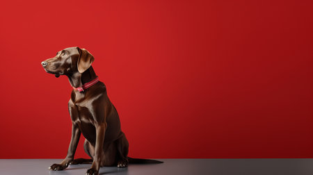 a vibrant stage backdrop featuring a minimal retouched image of a chocolate dog on a red background. this 32k uhd photograph captures the essence of the dusseldorf school of photography with its petcore theme. the combination of light red and dark gray creates a visually striking composition. discover this captivating image on flickr. ai generatedの素材
