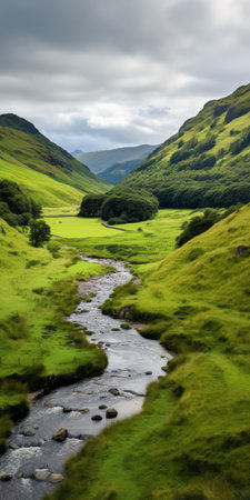 a green valley with tall grass and lush greenery, reminiscent of scottish landscapes and romantic riverscapes. this photo, captured with the tokina opera 50mm f/1.4 ff lens, showcases the essence of nature with its mountainous vistas and a luminescent color scheme. briton riviere's influence can be seen in this picturesque scene. ai generatedの素材