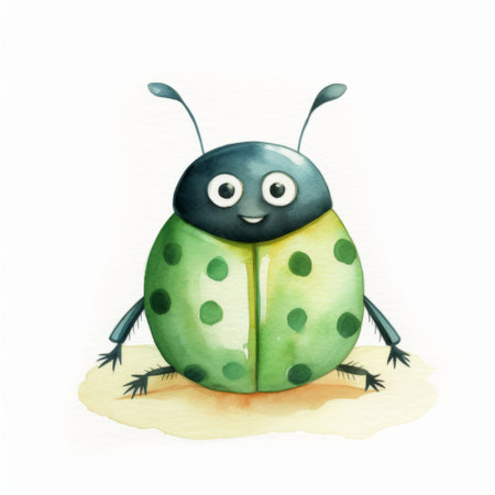 ladybug lying down painted in watercolor on a white background. playful character design style with dark gray and light emerald colors. humorous animal scenes featuring dotted, light green, and beige elements. caricature-like illustrations with a soggy appearance. ai generatedの素材