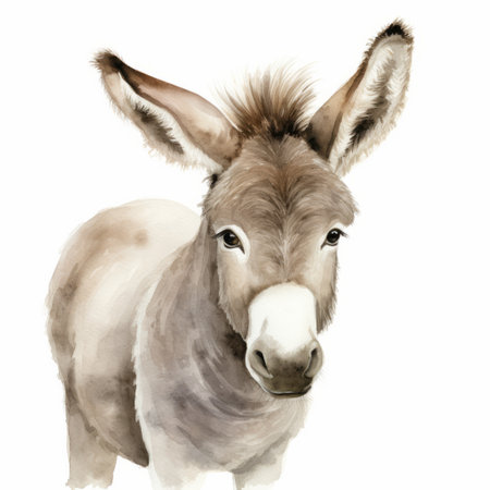 a charming watercolor illustration of a donkey, showcasing soft realism and painted with intricate details. this high-resolution image captures the donkey's endearing character in shades of dark beige and gray. perfect for those who appreciate beautiful illustrations, this 32k uhd artwork is a delightful addition to any collection. ai generatedの素材