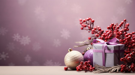 mauve and red berry bell with a tiny gift box, illuminated by a soft light, surrounded by a beautifully decorated tree and other festive decor. this ultra-realistic and hyper-detailed decoration is extremely well made, capturing the essence of the holiday season. [top view with copy space]. ai generatedの素材