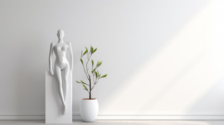 empty white litho stand with a plant in a wooden container. this 3d illustration showcases a realistic rendering of the human form, resembling a wall sculpture and installation. the feminine body is depicted, embodying the concepts of womancore, monochromatic serenity, full body, and oriental minimalism. ai generatedの素材