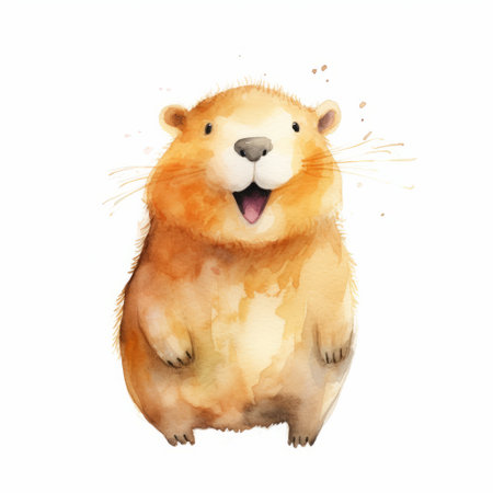 a cartoon watercolour drawing of a joyful and optimistic groundhog, featuring charming character illustrations. the artwork showcases hyper-realistic animal illustrations with drips and splatters, reminiscent of the style of artist sopheap pich. captured with a konica big mini camera, the high-resolution image brings out the intricate details of this delightful creation. ai generatedの素材