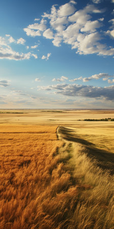 a yellow field of grass stretches as far as the eye can see, creating an expansive landscape. the high horizon lines give a sense of depth and vastness. the light orange and dark cyan hues add a touch of romance to the naturalistic shadows. this associated press photo captures the gravity-defying beauty of the countryside, evoking a sense of idyllic country life. ai generatedの素材