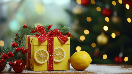 lemon with red berry, bell, and tiny gift box on a lighted tree with decor. the decoration features a top view with copy space. the lemon is the main focus, with a 75% emphasis, while the overall decoration is 25%. this ultra-realistic and hyper-detailed arrangement is extremely well made. ai generatedの素材