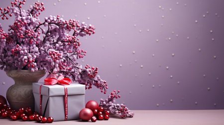 lilac with red berry, bell, and tiny gift box, surrounded by soft light, placed on a tree branch with decorative elements. this beautifully crafted decoration showcases a realistic and intricate design, capturing the essence of the lilac flower. the top view perspective offers ample copy space for customization. ai generatedの素材
