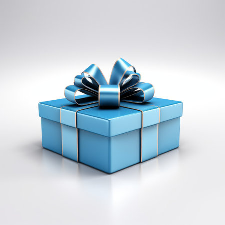 blue gift box with untied ribbons and bow lying on the floor, creating a realistic image. the box stands out against the white isolated background, making it an eye-catching and visually appealing photo. ai generatedの素材