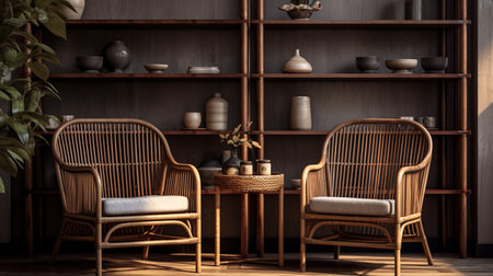 a realistic and hyper-detailed rendering of a sl wicker dining chair, part of a etagere 2 pack, set in beijing east village. the image showcases the chair's naturalistic textures and is created using common materials. the use of caffenol developing enhances the quality of the image, resulting in a high-quality and visually appealing depiction. ai generatedの素材