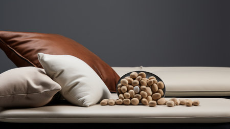 pillows on the floor, mass-produced in dark white and light brown, showcase a mushroomcore aesthetic. captured with a fujifilm natura 1600, the photograph highlights the beauty of mundane materials. the balanced composition adds depth to the image, emphasizing the organic nature of these living materials. ai generatedの素材