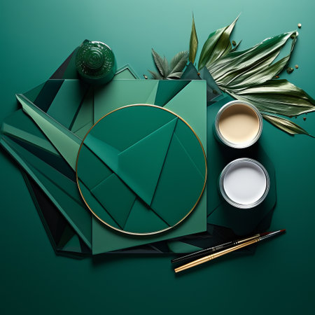 a framed photo of a leaf and decorative paper with paint and brushes is placed against a green background. the composition follows a luxurious geometry style, featuring faceted shapes and a dark teal color palette. the artwork, created in cinema4d, embodies the essence of minimalist ceramics and oriental minimalism. ai generatedの素材