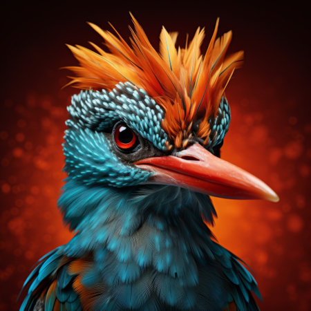 a vibrant dinopunk bird with colorful features on its head is depicted in this aggressive digital illustration. the bird's head showcases a combination of dark orange and light azure hues, while realistic chiaroscuro lighting adds depth to the artwork. this piece combines elements of celebrity portraits, focus stacking, and vibrant caricatures, resulting in a unique and eye-catching image. ai generatedの素材