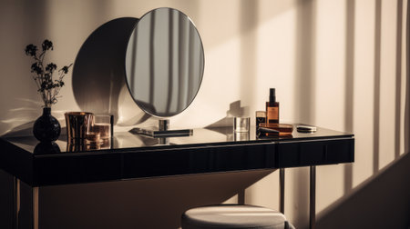 a black vanity table with a wooden chair and stool, featuring the elegant style of the tamron 24mm f28 di iii osd m12 lens. the light bronze and silver accents create a highly polished surface, while the contrasting shadows add depth to the composition. the emotive faces and the use of a sabattier filter give the image an elegant and artistic touch. ai generatedの素材