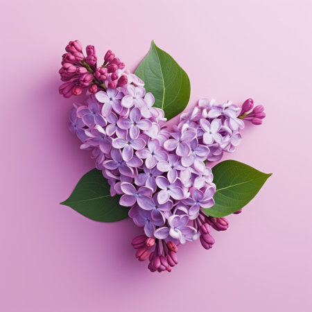 violet flowers create a heart shape on a vibrant pink background. this stunning photo showcases the precise hyperrealism style with minimal retouching. the composition is reminiscent of fragmented advertising and utilizes elements of pop-culture-infused aesthetics. ai generatedの素材