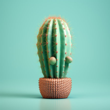 a digital illustration of a cactus rendered in cinema4d, featuring a vibrant color palette of light cyan and light brown. the use of vray tracing enhances the sharp and prickly details of the cactus, while minimal retouching ensures a natural and realistic appearance. the illustration is characterized by its sharp focus and vibrant colors. ai generatedの素材