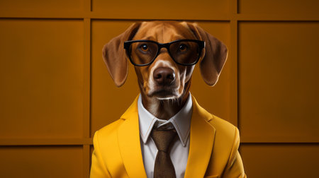 a dog in a suit, wearing glasses, stands confidently in a photorealistic portrait. the artwork showcases a dark orange and yellow color scheme, incorporating elements of celebrity and pop culture references. this high-definition digital art piece utilizes advanced techniques and softbox lighting to create a visually striking advertising art composition. ai generatedの素材