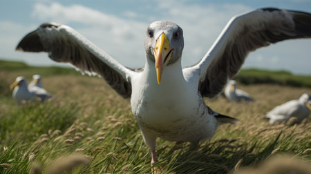 an albatross with dark fur and no spots is captured in a side profile close-up as it runs through a tilled wisconsin field. the photo is beautifully color graded and showcases dramatic lighting, with extreme details and sharp focus. shot on a 70mm lens, the image exhibits a cinematic quality and depth of field, creating a hyper-detailed and visually stunning composition. ai generatedの素材