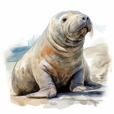 a watercolor-style digital painting of a majestic elephant on a beach, created using the canon eos 5d mark iv and zbrush. this unique artwork showcases the artist's talent in capturing the beauty of nature and creating character caricatures. the use of cross-processing adds a touch of creativity to the overall composition. ai generatedの素材