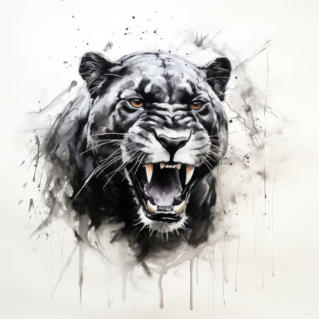 the black panther painting is an original artwork created in the style of daniel jaems. it showcases a captivating blend of dark and white tones, beautifully rendered using a watercolor technique. this stunning piece of art, captured with a canon eos 5d mark iv, exudes emotional intensity reminiscent of the works by bordalo ii and florian nicolle. ai generatedの素材