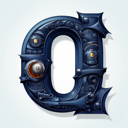 a photo of a dark silver and dark blue letter g with gears and lights, designed for graphic design and ivf purposes. the image features grotesque characters inspired by frostpunk and the olympus af-1 (also known as olympus infinity) camera. the hyper-detailed illustration has a medieval-inspired and quantumpunk aesthetic. ai generatedの素材